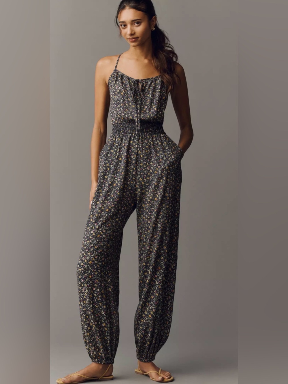 Self Contrast Floral Smocked-Waist Spaghetti-Strap Jumpsuit in Navy